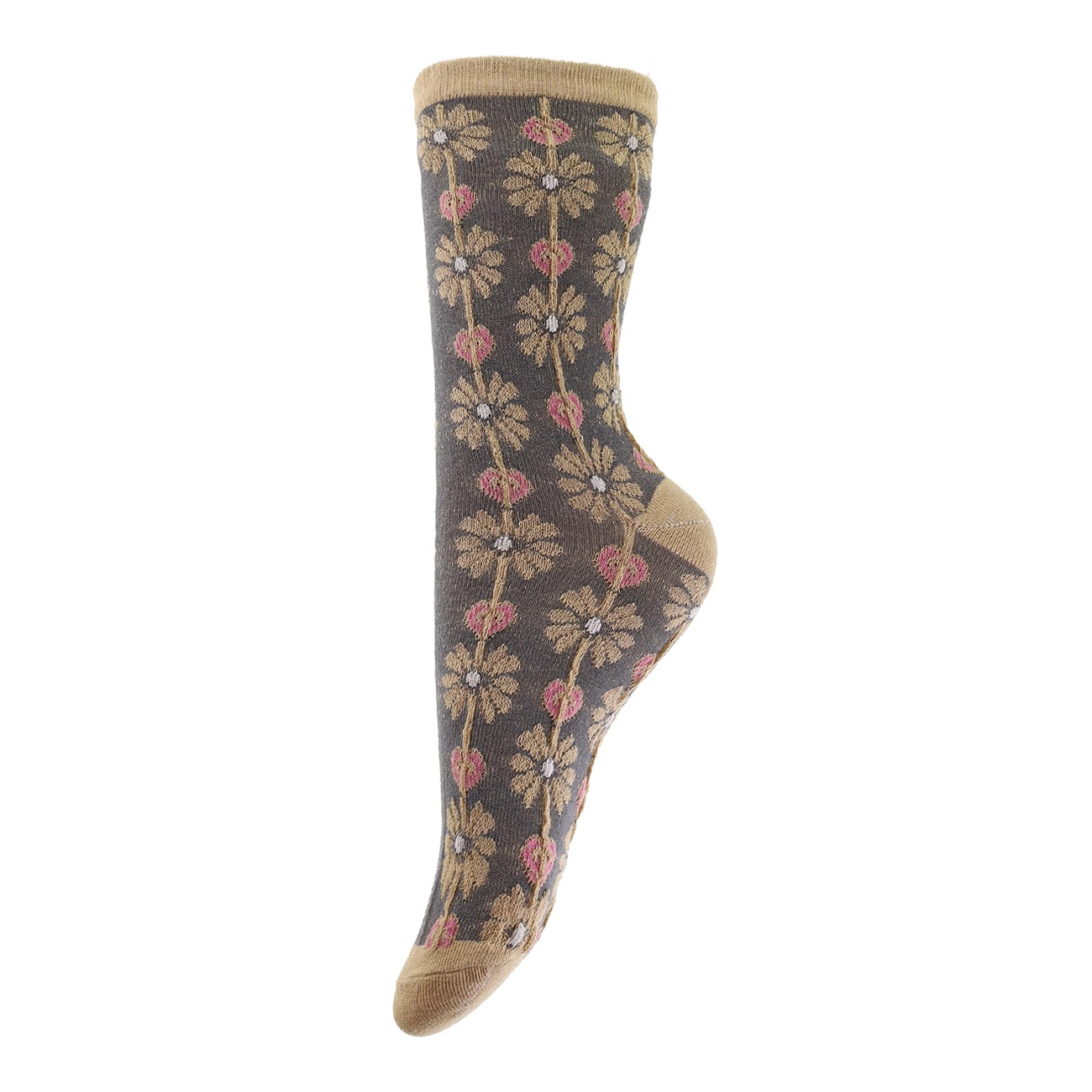 Strømper - Onesize - Små Blomster Brun/Beige