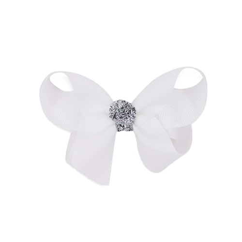 Klassisk Sløjfe - Hvid/Sølv Glitter - 8 cm
